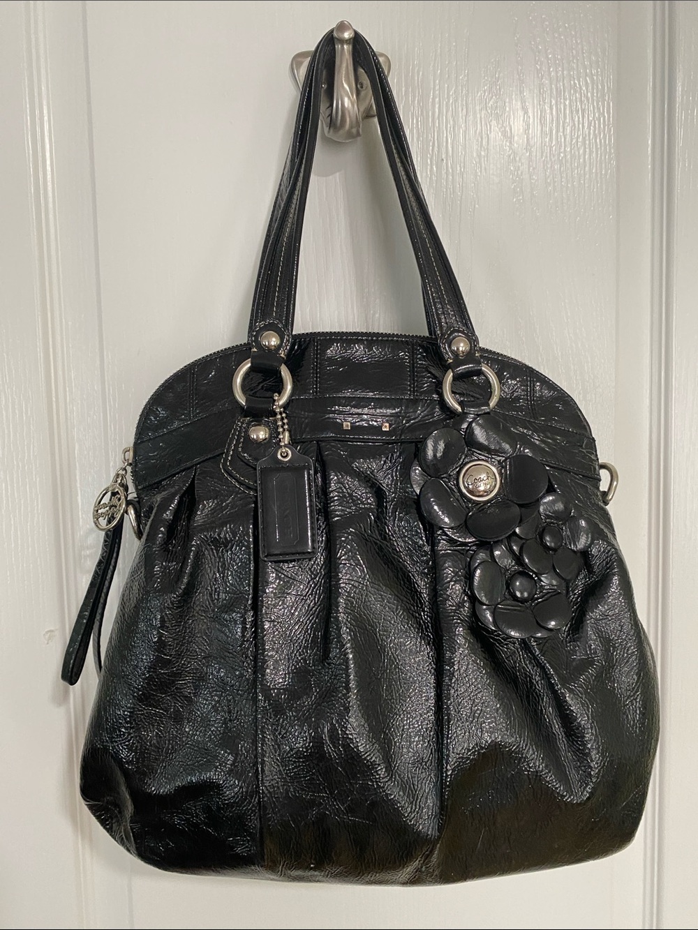 Coach Black Floral Appliqué Leather Satchel Shoulder Bag - Picture 2 of 16